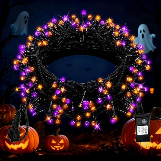 FairyGlim Halloween String Lights Plug in,33FT 100 LED String Lights with 8 Modes & Timer, Halloween Decorations for Party Carnival Supplies, Outdoor Indoor Yard Garden Decor, Purple & Orange