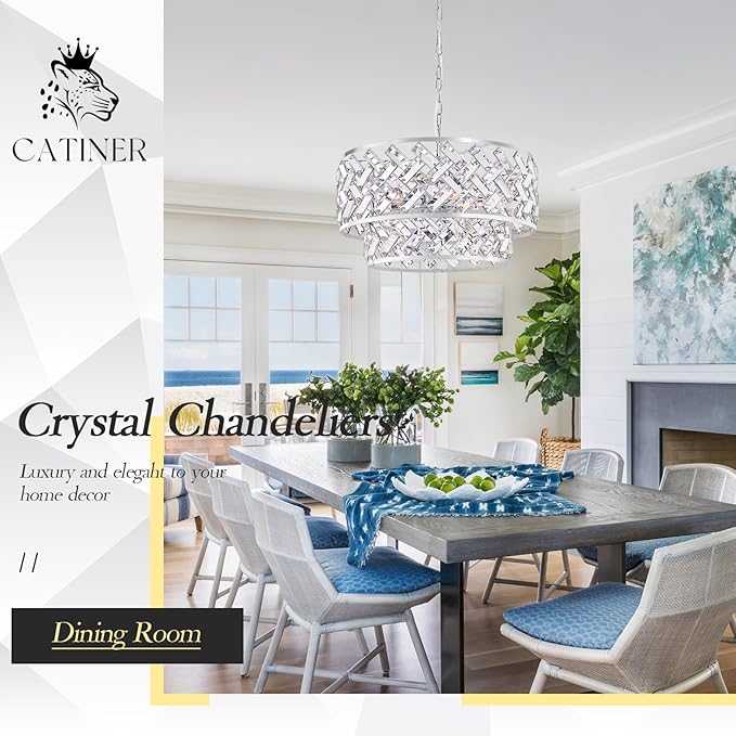 20'' Modern 6-Light Chrome Crystal Pendant Chandelier, Luxury Round Semi Flush Mount Ceiling Light for Living Room, Dining Room, Kitchen, Foyer, Bedroom