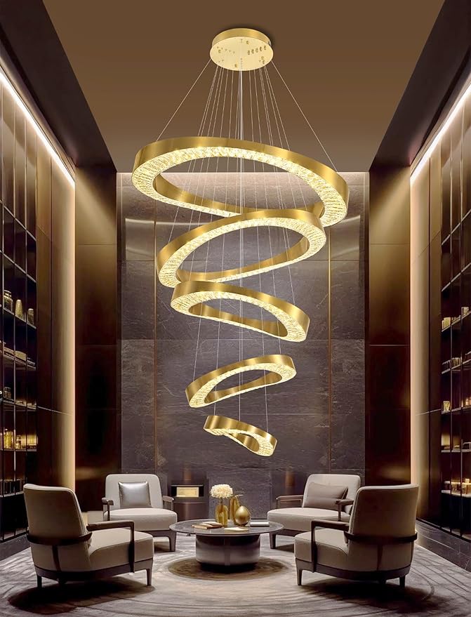 Flashing God Large Chandelier for High Ceiling,Modern 5 Ring Crystal Chandelier for Entryway,Hanging Lighting Fixtures for Living Room,Foyer,Staircase,Entryway