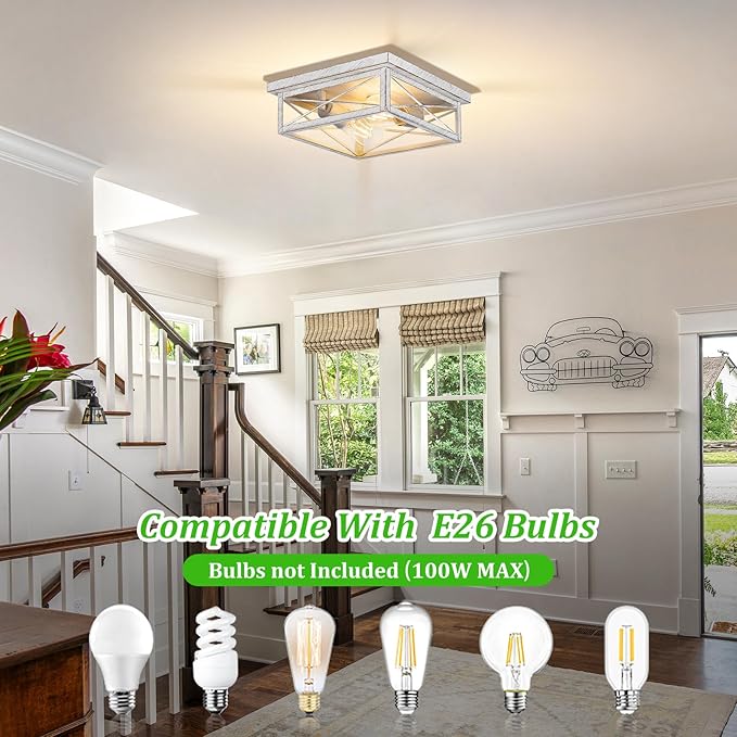 Kondras Antique White Hallway Light Fixture, 2-Light Farmhouse Flush Mount Ceiling Lighting, 1-Pack Metal Kitchen Lighting Fixture, Square Close to Ceiling Lamp for Bedroom Living Room Entryway
