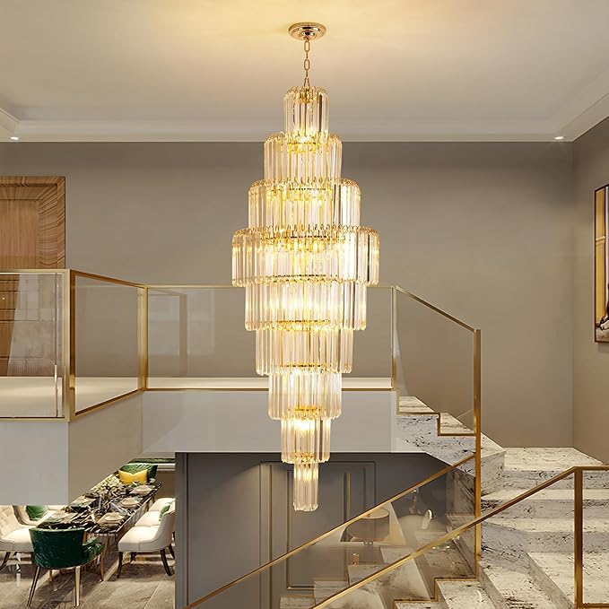 Luxury Modern Gold 9-Tier Crystal Chandelier for High Ceiling Foyer Staircase Large Entryway Light Fixture Dia23.7 20 Lights