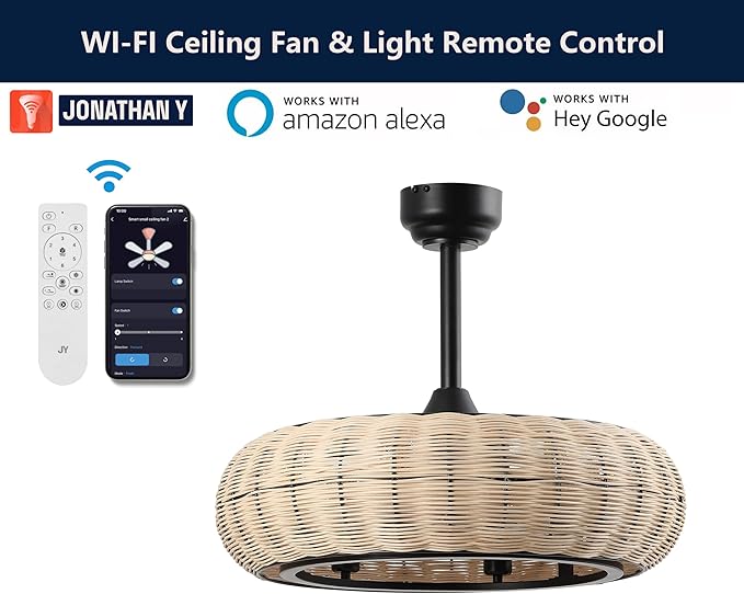 JONATHAN Y 23" Light Brown/Black 6-Light Modern Bohemian Ceiling Fan with Lights, 6-Speed Remote and App Control, Height Adjustable LED Lantern with Dark Brown Rattan Shade for Living Room (JYL9728B)