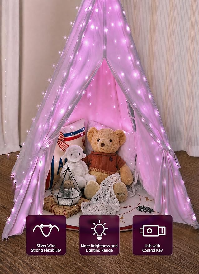 Brightown 300 LED Pink Fairy Curtain Lights, 9.8ft x 9.8ft String Lights, USB Plug in 8 Lighting Modes Christmas String Hanging Lights with Remote for Bedroom Indoor Outdoor Party Xmas Pink 1 Pack