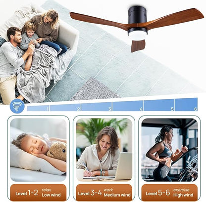 48" Recessed Ceiling Fan with Lights and Remote Control, Indoor Outdoor Wooden Ceiling Fan with 3 Wooden Blades for Patio, Living Room, Bedroom, Hallway