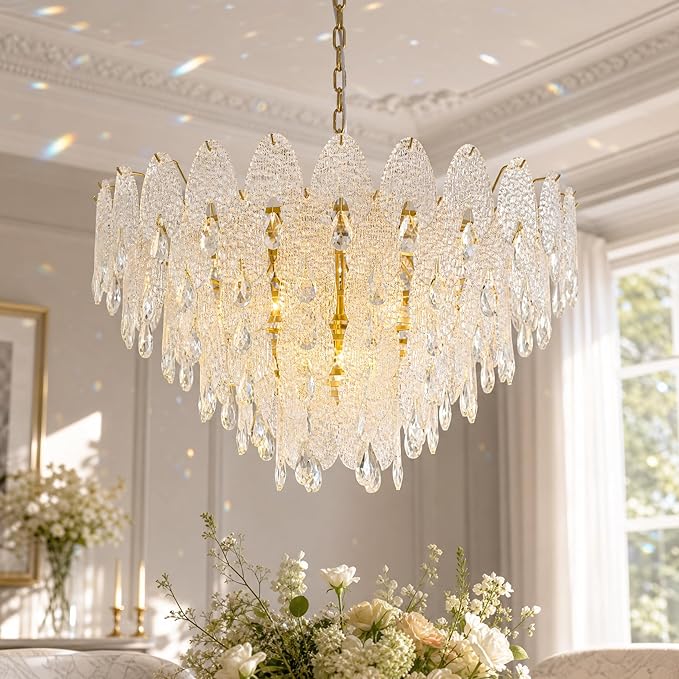31.5" Gold Glass Chandelier, 5-Tier 12-Light Round Pendant Ceiling Fixture 59" Hanging Adjustable Chain for Foyer, Living Room, Bedroom, Dining Room