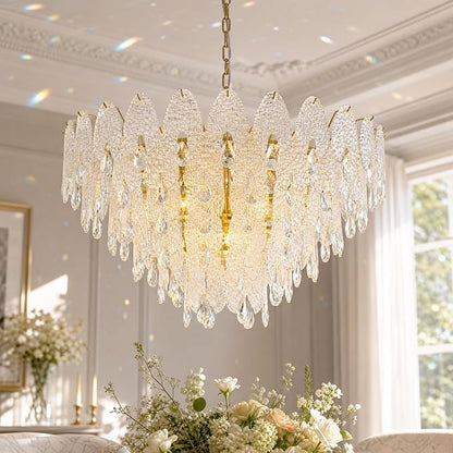 31.5" Gold Glass Chandelier, 5-Tier 12-Light Round Pendant Ceiling Fixture 59" Hanging Adjustable Chain for Foyer, Living Room, Bedroom, Dining Room