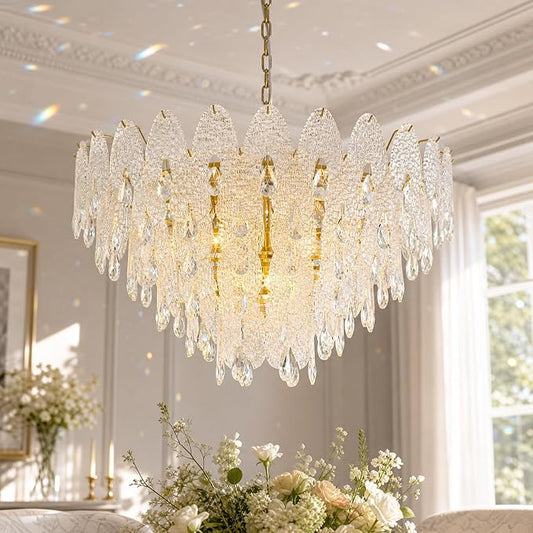 31.5" Gold Glass Chandelier, 5-Tier 12-Light Round Pendant Ceiling Fixture 59" Hanging Adjustable Chain for Foyer, Living Room, Bedroom, Dining Room