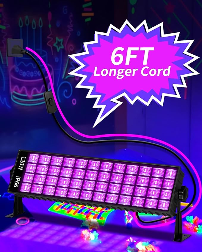 Upgraded 120W LED Black Light Bar, Premium LED Blacklight Flood Light with Plug+Switch+6ft Cord, Light Up 5000ft² Area, for Halloween Glow Fluorescent Party Bedroom Game Room Body Paint Stage