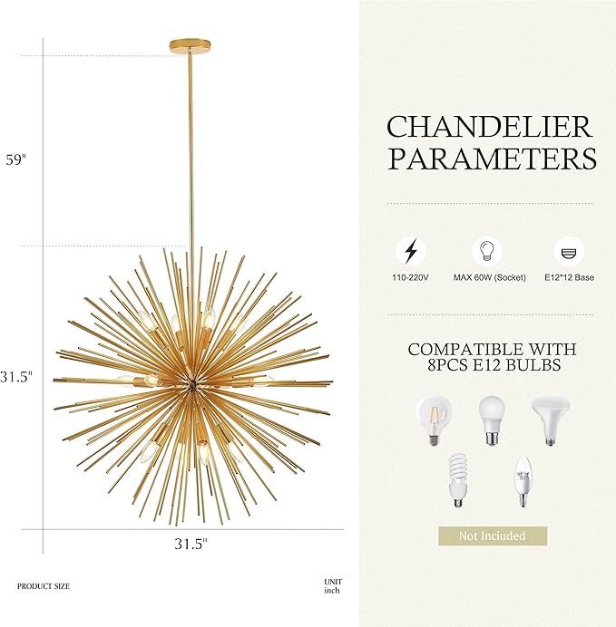 31.5" Gold Sputnik Chandelier 12-Light, Mid Century Modern Starburst Ceiling Light with Adjustable Chain, Industrial Globe Pendant Light Fixture for Dining Room Kitchen Island Living Room Foyer