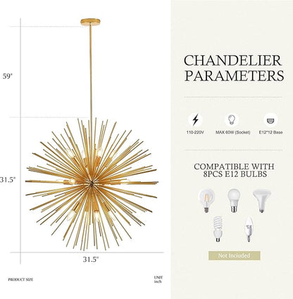 31.5" Gold Sputnik Chandelier 12-Light, Mid Century Modern Starburst Ceiling Light with Adjustable Chain, Industrial Globe Pendant Light Fixture for Dining Room Kitchen Island Living Room Foyer