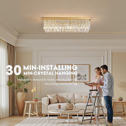 Modern Crystal Chandeliers for Dining Room Light Fixture, 6-Light Gold Rectangle Chandelier Ceiling Light for Kitchen Island Living Room, L31.5 Inch