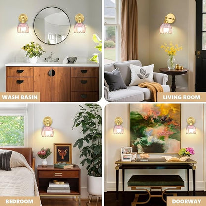 Vintage Battery Operated Wall Sconce, Pink Tulip Glass Lampshade Wireless Rechargeable Battery Powered LED Wall Light with Remote Dimmable for Bedside Bedroom Doorway Living Room, Set of 2