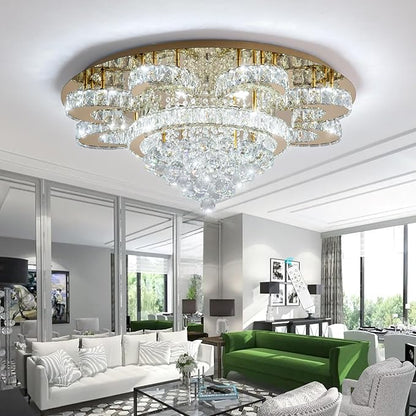 HAIXIANG Modern Chandelier Living Room Glam Chandeliers Ceiling Light Fixture Remote Dimmable Lights 32 Inches Luxury Crystal Gold Light