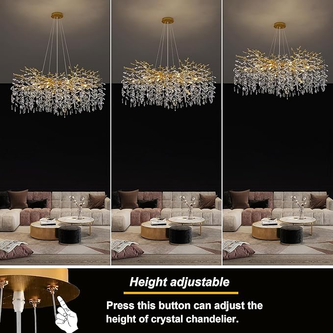 Crystal Tree Branches Chandeliers Round Raindrop Pendant Light Fixture 15 Lights for Dining Room Bedroom Living Room Entryway 39.5" Gold