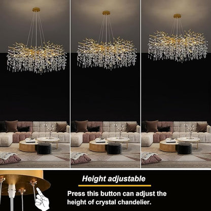 Crystal Tree Branches Chandeliers Round Raindrop Pendant Light Fixture 15 Lights for Dining Room Bedroom Living Room Entryway 39.5" Gold