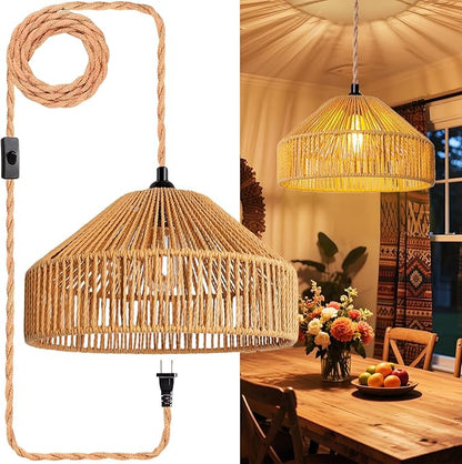 Maliralt Hanging Lamps Rattan Pendant Light Hanging Lights 16.4ft Plug in Cord Pendant Light Fixture Plug Into Wall Outlet Pendant Lighting with On Off Switch for Bedroom Living (Mongolian Yurt)