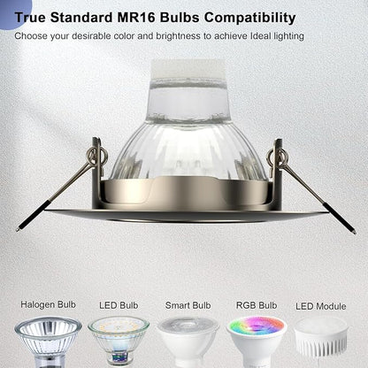 6 Pack Spotlight Frame, 3 inch Recessed Ceiling Light Trim Compatible with MR16 GU10 GU5.3 Bulbs, Adjustable Holder for Cabinet Kitchen, Brushed Nickel
