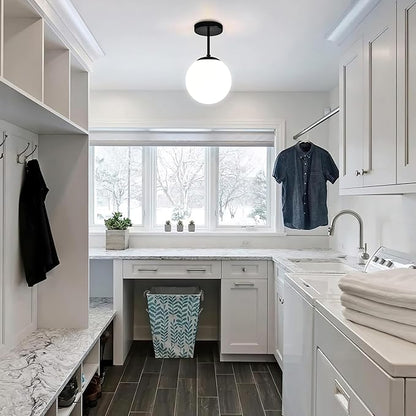 Globe Semi Flush Mount Ceiling Light, Mid Century Modern Light Fixture Ceiling, Milk Glass with Matte Black Finish, Living Room Kitchen Bedroom Hallway Storage Schoolhouse Laundry(LED Bulb Incl.)