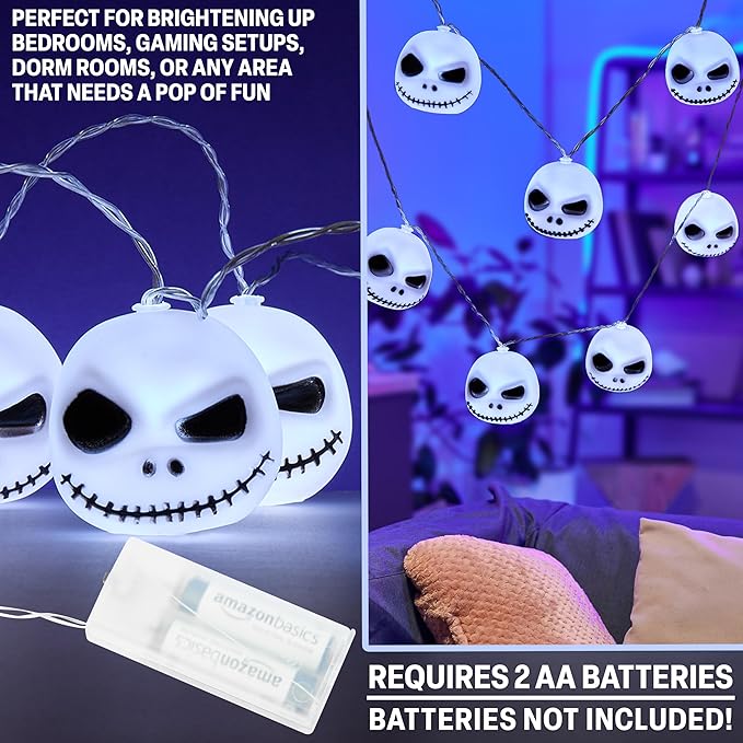 Disney The Nightmare Before Christmas LED String Lights for Kids, Teens, Adults, 10 Jack Skellington 65” Fairy Lights, Gifts for Kids (White Nightmare Before Christmas)