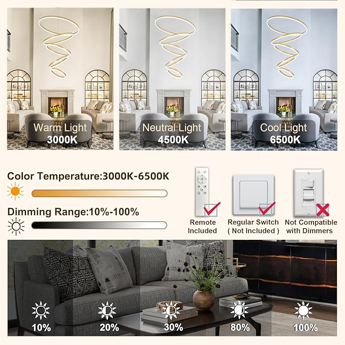 5 Rings Modern LED Chandelier Gold Large High Ceiling Chandeliers with Remote Control Contemporary Pendant Light Dimmable for Staircase Entryway Living Room Foyer Villa(3000K-6500K D31.5)
