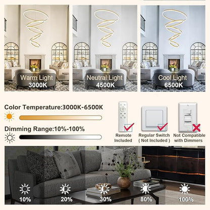 5 Rings Modern LED Chandelier Gold Large High Ceiling Chandeliers with Remote Control Contemporary Pendant Light Dimmable for Staircase Entryway Living Room Foyer Villa(3000K-6500K D31.5)