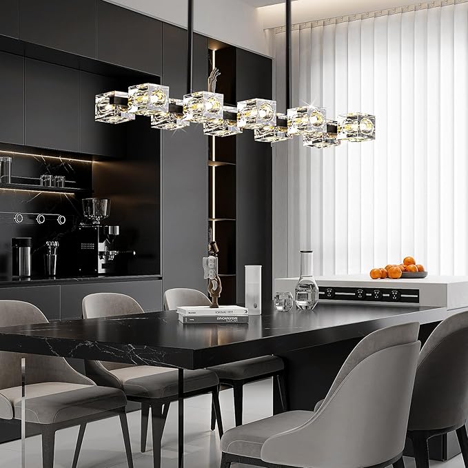 Modern Crystal Chandeliers for Dining Room,Black and Gold Pendant Lights Fixture with 10-Lights,Adjustable Height Hanging Ceiling Light for Kitchen Island,Bedroom,Over Table,Living Room