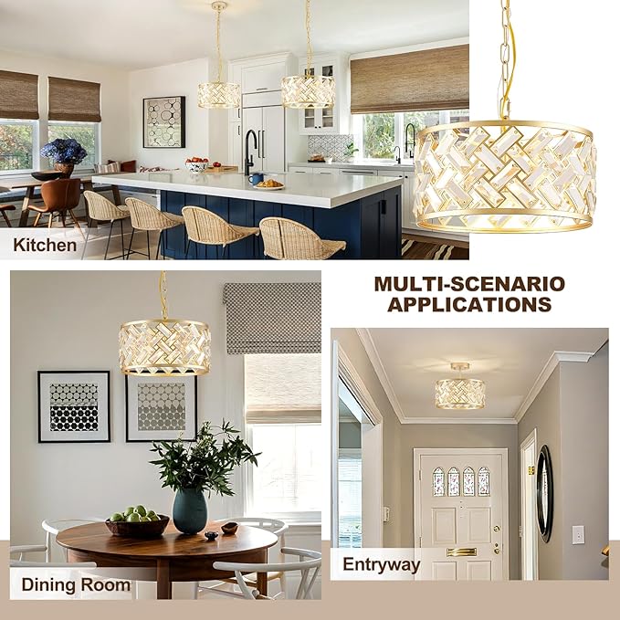 Gold Crystal Chandelier, 3-Light Morden Dining Room Light Fixture,12.4" Small Semi Flush Mount Chandeliers for Kitchen Foryer Entryway Hallway Living Room Bedroom (ETL Listed)
