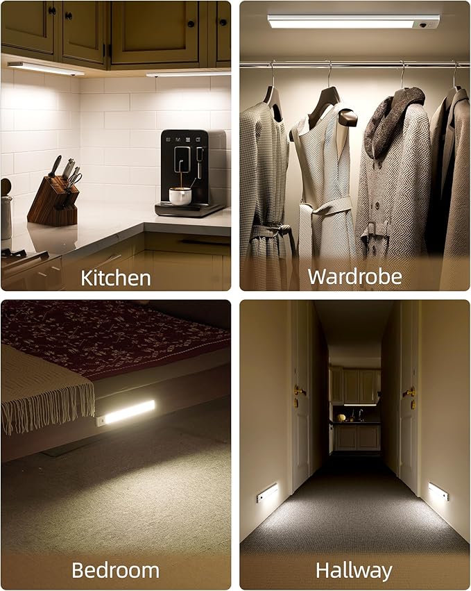 EZVALO 10-inch Under Cabinet Lighting Wireless with Battery Indicator, 2000mAh Rechargeable Motion Sensor Light Indoor, 80 LED Under Counter Lights for Kitchen Closet, 3 Color Temps, Dimmable - 6 Pack