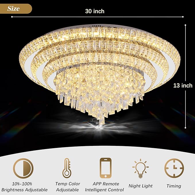 COCOSTAR 30 inch Flush Mount Crystal Chandeliers with Remote and APP, Modern Elegant LED Crystal Raindrop Ceiling Light Fixture, 3CCT Dimmable, for Living Room Kitchen Island Bedroom Entryway Foyer