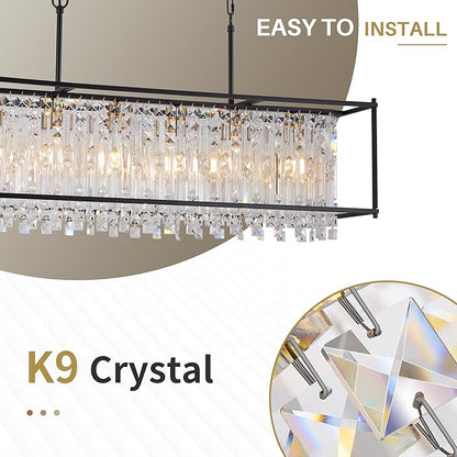 Modern Black Crystal Chandeliers For Dining Room, 42" Large Rectangle Water Ripple Glass Pendant Elegant Linear Lighting for Kitchen Island Dining Room LivingRoom Flat Inclined Ceiling,L42 x W11 x H19