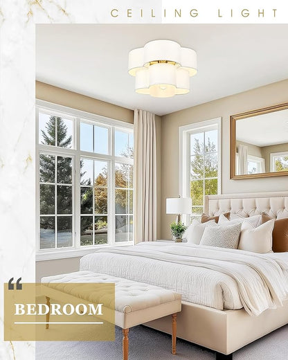 Gold Semi Flush Mount Ceiling Light, 5-Light 18" Ceiling Light Fixtures with Double Fabric Drum Shade in Quatrefoil Shape, Light Fixtures Ceiling Mount for Nursery Bedroom, AD-22007-5SF-GD