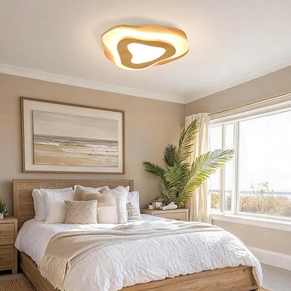 Littleglovo 15.7" Modern Flush Mount LED Chandelier for Dining Room, Natural Wood Petal Energy Chandeliers Ceiling Light for Entryway Bedroom Foyer Kitchen Living Room Bathroom