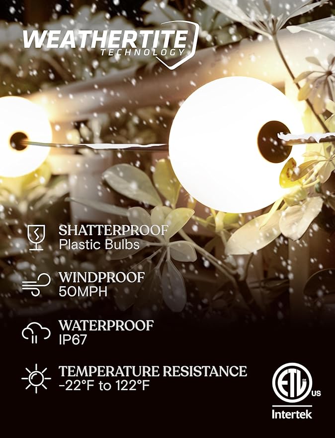Brightech Orb Outdoor Indoor String Lights - Connectable Set of 2 Frosted Lantern LED String with Weatherproof Globe Lights - Commercial Grade Light Strand for Patio, Porch - 60 Ft, 20 Bulbs Total