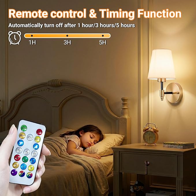 Nekhung Battery Operated Wall Sconces Set of 2, Wireless Wall Light with 10000mAh RGB Dimmable Magnetic Bulb, Rechargeable Wall Sconce with Remote Control for Bedroom Living Room
