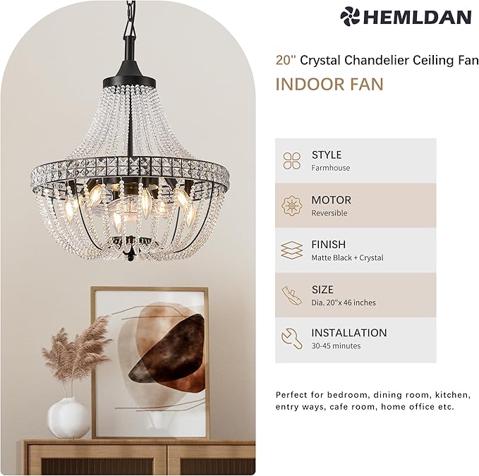 Modern Empire Crystal Chandelier Fan with 119 Square Crystal Accents, 64 Bead Strands, 7-Blade Invisible Fan, Ceiling Fan for Living Room, Bedroom, Dining Hall (Black, 20'' Modern Style)