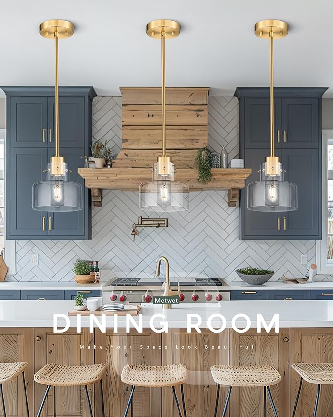 Brushed Gold Pendant Lights Kitchen Island, 6" Pendant Light Fixtures Over Island with Clear Glass Shade, Modern Brass Kitchen Island Lighting for Dining Room Entryway, PL124-BG-G-1PK