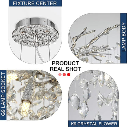 Modern Crystal Tree Branches Chandelier, 23.5in Silver 8 Lights Large Ceiling Hanging Light for Dining Room, Round Raindrop Pendant Light Fixture
