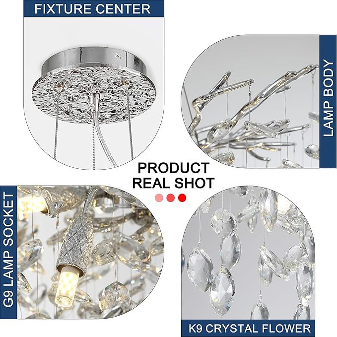 Modern Crystal Tree Branches Chandelier, 18in Silver 6 Lights Large Ceiling Hanging Light for Dining Room, Round Raindrop Pendant Light Fixture