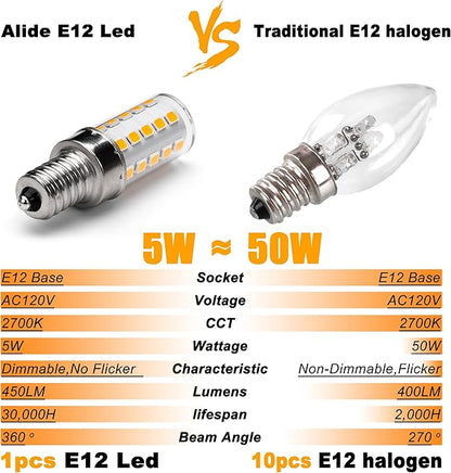 ALIDE E12 Dimmable LED Bulb 5W C7 Light Bulb,Replace 40W E12 Halogen Equivalent,Warm White 2700k T6 Base 110V 120V E12 LED Candelabra Bulbs for Ceiling Fan Chandelier Salt Lamp,450lm,10Pack