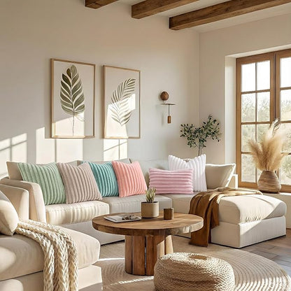 decorUhome Summer Cozy Faux Fur Throw Pillow Covers 26x26 Set of 2 Decorative Plush Striped Modern Farmhouse Boho Couch Euro Sham Pillow Cases with Velvet Back for Sofa Bed Living Room, Blush Pink