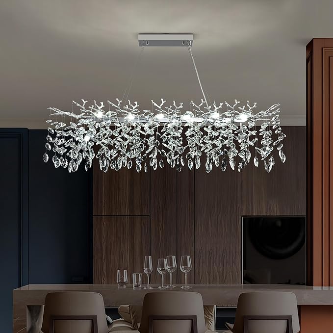 Tree Branch Chandelier Modern Crystal Pendant Light, Luxury Chrome Linear Rectangle Art Deco Raindrop Lighting Fixture for Dining Room Kitchen Island Living Room 10 Lights L40''