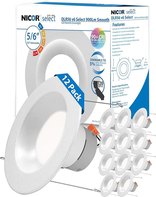 Recessed Ceiling Lights LED Downlight - Dimmable 5/6 inch LED Recessed Light Fixtures - Selectable CCT 2700K-5000K, 918 Lumens, 10.3W - DLR56 Retrofit Ceiling Light, White, 12-Pk by NICOR Lighting