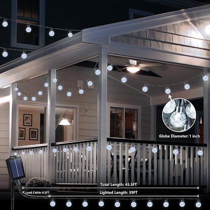 Joomer Solar Powered String Lights Waterproof, 39FT 60 LED Outdoor Solar String Lights Crystal Ball Light 8 Modes Globe Light for Garden, Gazebo, Porch, Lawn, Patio, Tree Decor (White)