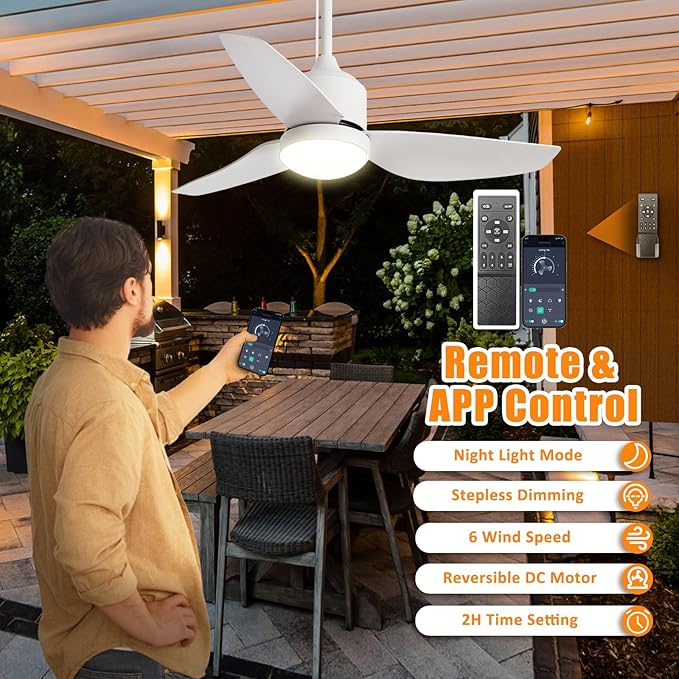 Depuley Outdoor Ceiling Fan with Light: 42 Inch White Waterproof Gazebo Fans with Lights Outdoor Hanging - Plug in Remote App Control for Patio Indoor Farmhouse Porch - 6 Speed Reversible DC Motor