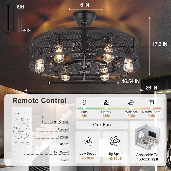 Depuley Outdoor Ceiling Fan with Light: 26" Caged Ceiling Fans with Remote Control for Patio Kitchen Bedroom - Farmhouse Fandelier Flush Mount Lights Fixture Reversible 6 Speed Timer Black