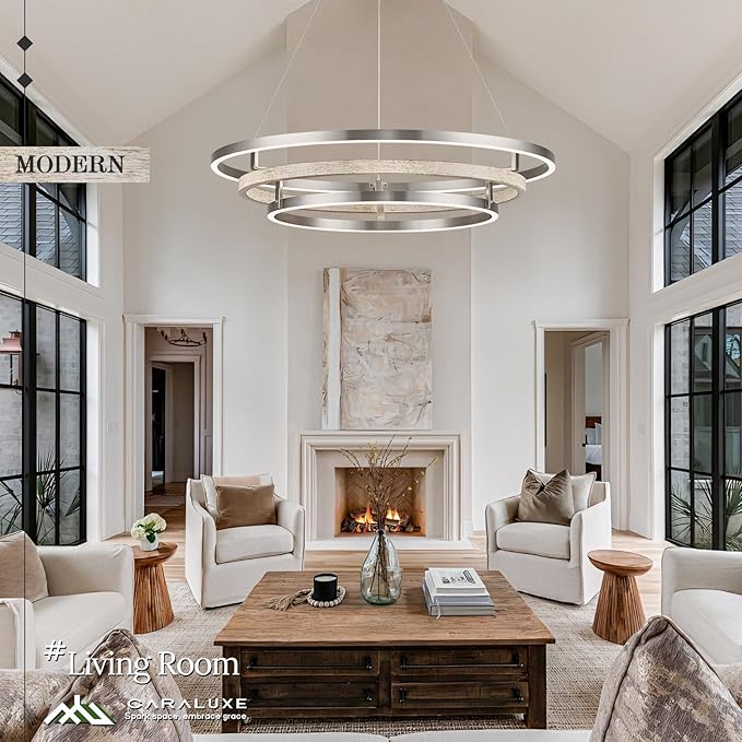 3 Ring LED Chandelier Nickel Round Chandelier Light Fixture 31in Dimmable Modern Entry Chandeliers Weathered Wood Circular Light for Foyer Dining Room Bedroom Office Living Room