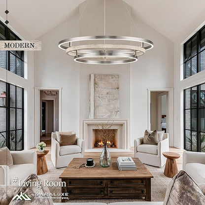 3 Ring LED Chandelier Nickel Round Chandelier Light Fixture 31in Dimmable Modern Entry Chandeliers Weathered Wood Circular Light for Foyer Dining Room Bedroom Office Living Room