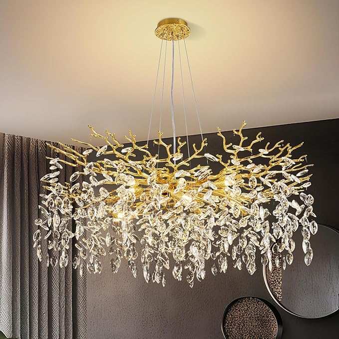 Modern Tree Branch Crystal Chandelier 40" Gold Luxury Large Pendant Lighting 15-Light Contemporary K9 Crystal Chandeliers for Dining Room Kitchen Living Room Foyer Entryway (Gold, D40-Round)