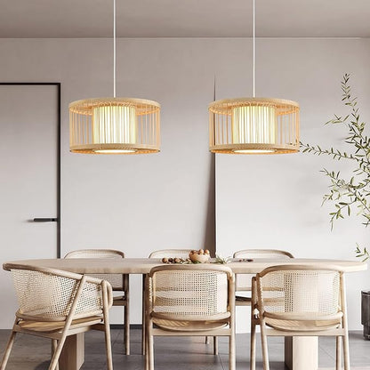 Boho Rattan Pendant Lights, 15.8" Coastal Drum Wicker Hanging Light Japanese Country Light for Dining Room Kitchen Living Room Bedroom, 1-Light E26 Base