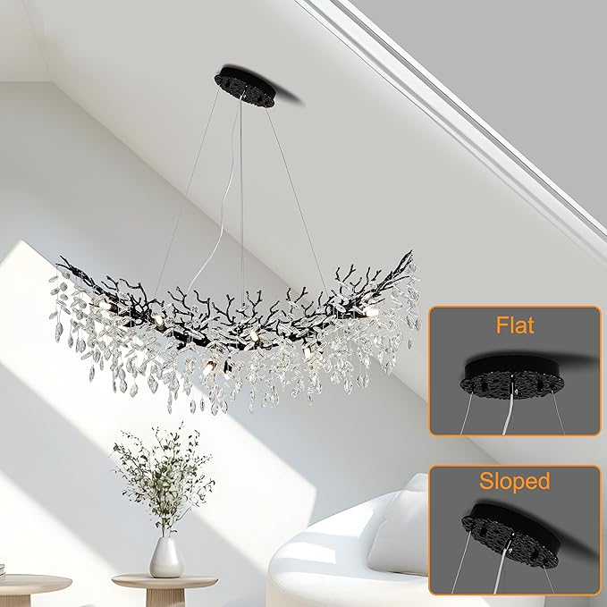 Modern Crystal Tree Branches Chandelier, 47.5in Black 12 Lights Large Ceiling Hanging Light for Dining Room, Arc Raindrop Pendant Light Fixture